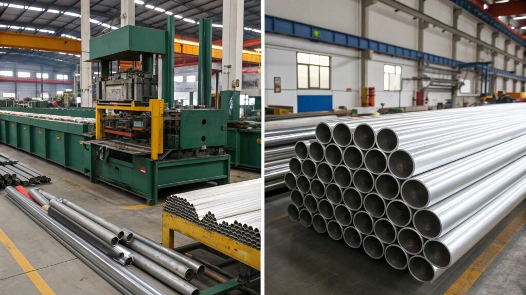 A car assembly line showing large steel presses stamping out body panels.